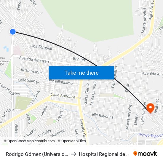 Rodrigo Gómez (Universidad Emiliano Zapata) to Hospital Regional de Especialidad #22 map