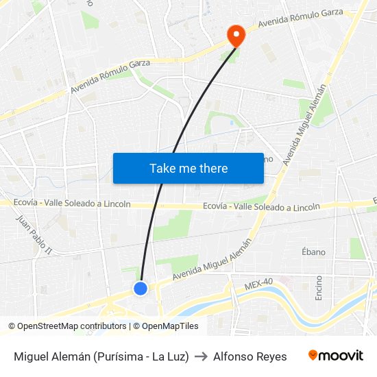 Miguel Alemán (Purísima - La Luz) to Alfonso Reyes map