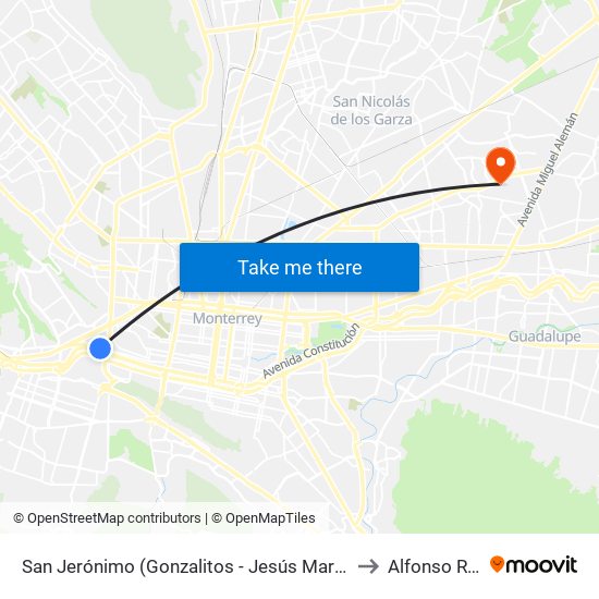 San Jerónimo (Gonzalitos - Jesús María González) to Alfonso Reyes map