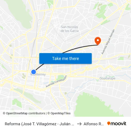 Reforma (José T. Villagómez - Julián Villagrán) to Alfonso Reyes map