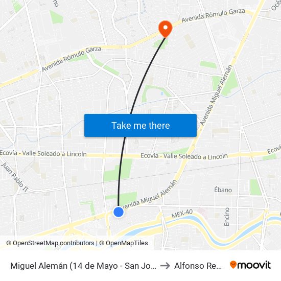 Miguel Alemán (14 de Mayo - San Jorge) to Alfonso Reyes map