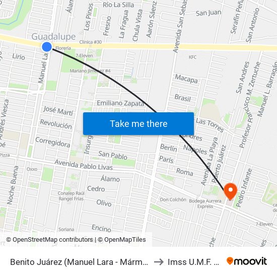 Benito Juárez (Manuel Lara - Mármol) to Imss U.M.F. 29 map