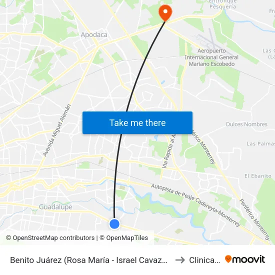 Benito Juárez (Rosa María - Israel Cavazos Garza) to Clinica 67 map