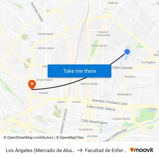 Los Ángeles (Mercado de Abastos Estrella 2) to Facultad de Enfermería Uanl map