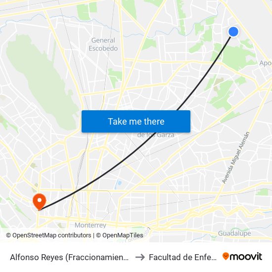 Alfonso Reyes (Fraccionamiento Quinta Colonial) to Facultad de Enfermería Uanl map