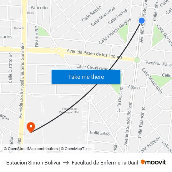 Estación Simón Bolívar to Facultad de Enfermería Uanl map