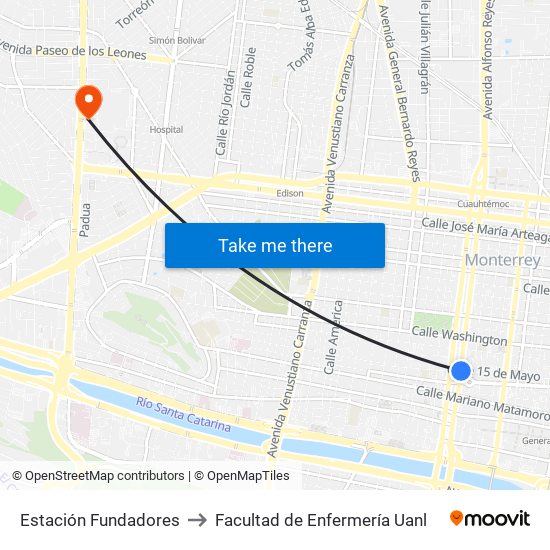 Estación Fundadores to Facultad de Enfermería Uanl map