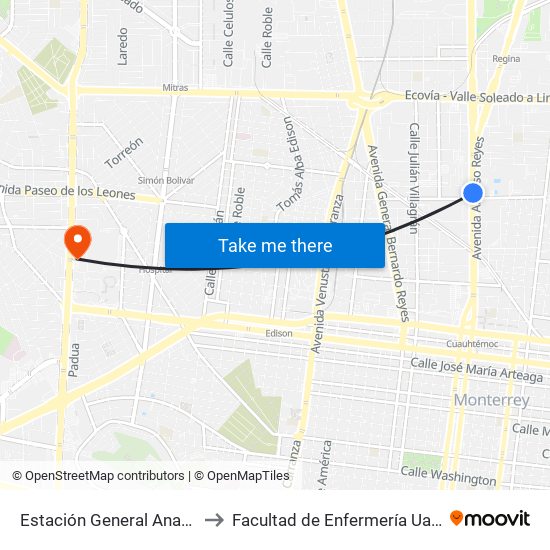 Estación General Anaya to Facultad de Enfermería Uanl map