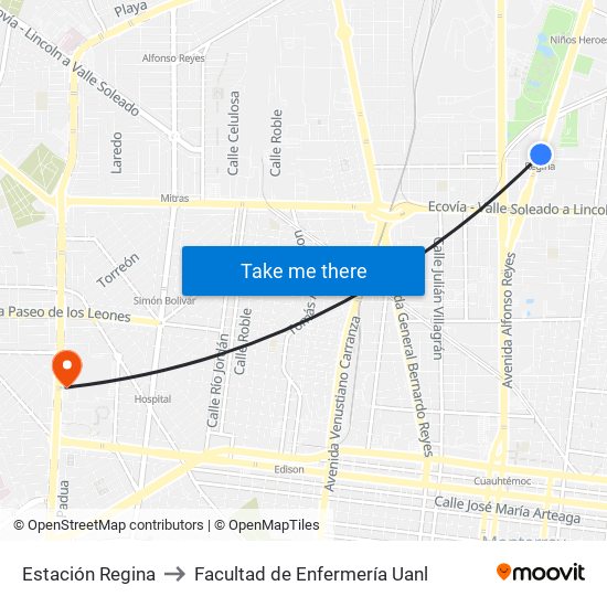 Estación Regina to Facultad de Enfermería Uanl map