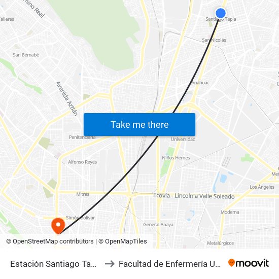 Estación Santiago Tapia to Facultad de Enfermería Uanl map