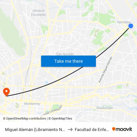 Miguel Alemán (Libramiento Norte - Elías Flores) to Facultad de Enfermería Uanl map