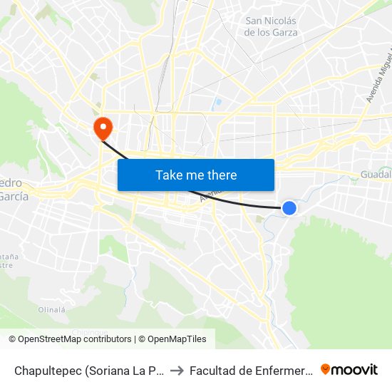 Chapultepec (Soriana La Pastora) to Facultad de Enfermería Uanl map