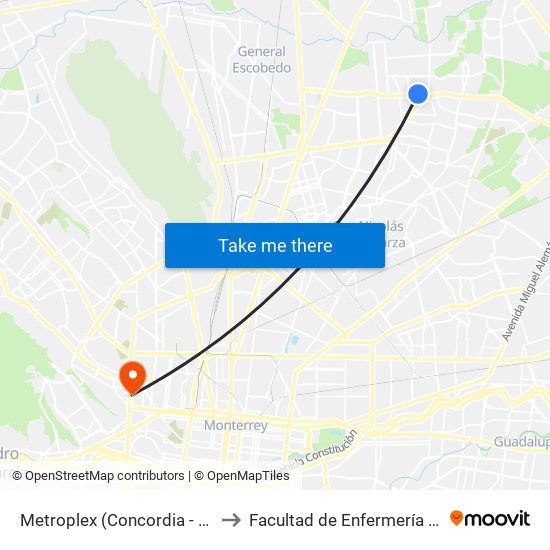 Metroplex (Concordia - S12) to Facultad de Enfermería Uanl map