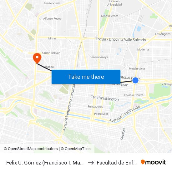 Félix U. Gómez (Francisco I. Madero - Cristóbal Colón) to Facultad de Enfermería Uanl map