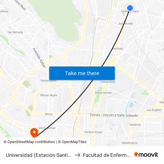 Universidad (Estación Santiago Tapia) to Facultad de Enfermería Uanl map