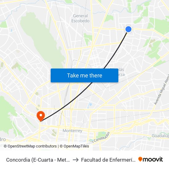 Concordia (E-Cuarta - Metroplex) to Facultad de Enfermería Uanl map