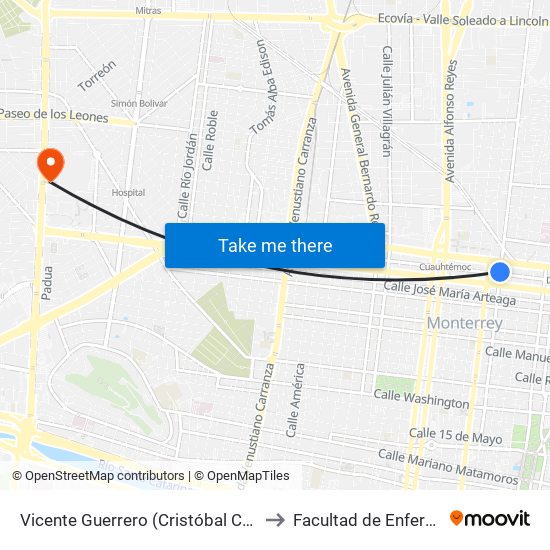 Vicente Guerrero (Cristóbal Colón - Reforma) to Facultad de Enfermería Uanl map