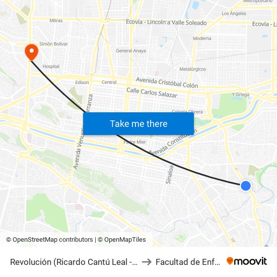 Revolución (Ricardo Cantú Leal - Ricardo Covarrubias) to Facultad de Enfermería Uanl map