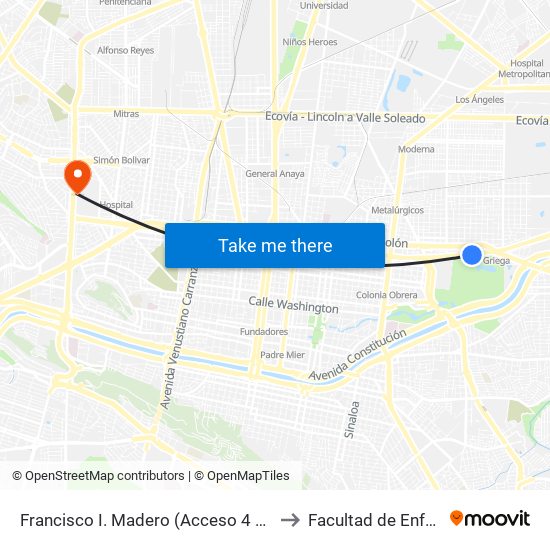 Francisco I. Madero (Acceso 4 de Parque Fundidora) to Facultad de Enfermería Uanl map