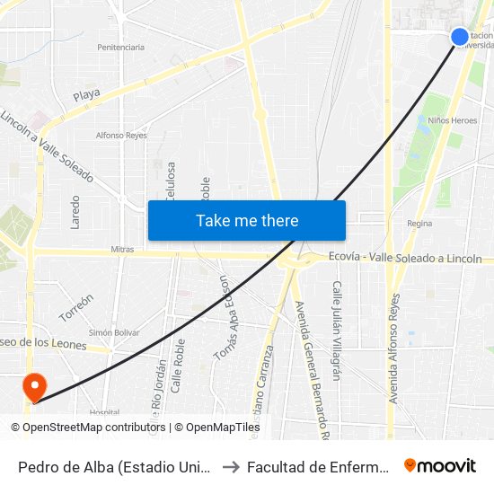 Pedro de Alba (Estadio Universitario) to Facultad de Enfermería Uanl map