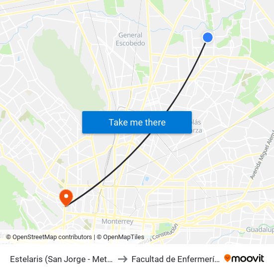 Estelaris (San Jorge - Metroplex) to Facultad de Enfermería Uanl map