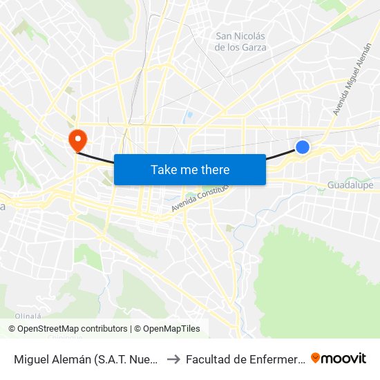 Miguel Alemán (S.A.T. Nuevo León) to Facultad de Enfermería Uanl map