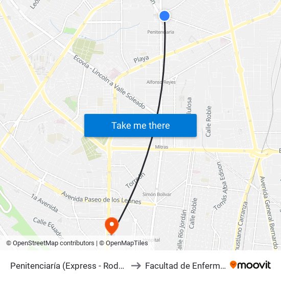 Penitenciaría (Express - Rodrigo Gómez) to Facultad de Enfermería Uanl map