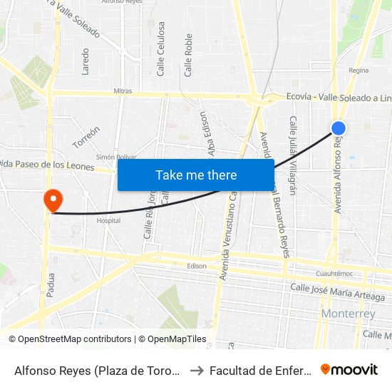 Alfonso Reyes (Plaza de Toros de Monterrey) to Facultad de Enfermería Uanl map