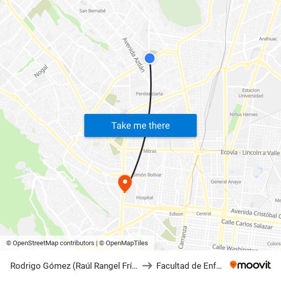 Rodrigo Gómez (Raúl Rangel Frías - Rodrigo Gómez) to Facultad de Enfermería Uanl map
