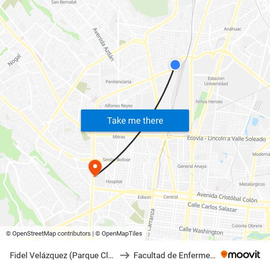 Fidel Velázquez (Parque Clavellinas) to Facultad de Enfermería Uanl map