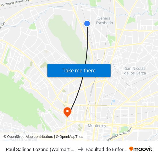 Raúl Salinas Lozano (Walmart Escobedo Norte) to Facultad de Enfermería Uanl map