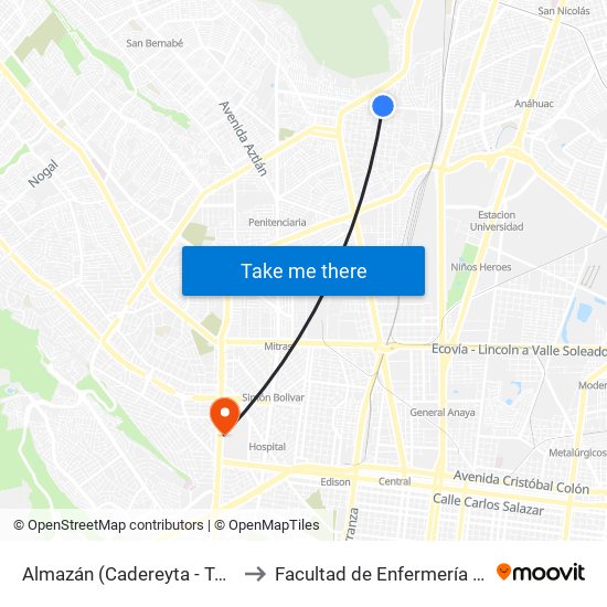 Almazán (Cadereyta - Terán) to Facultad de Enfermería Uanl map