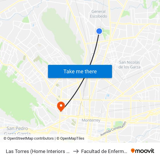 Las Torres (Home Interiors de México) to Facultad de Enfermería Uanl map