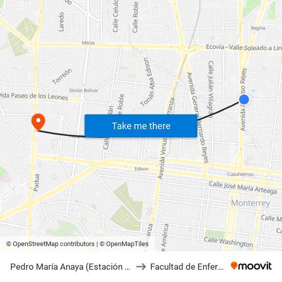 Pedro María Anaya (Estación General Anaya) to Facultad de Enfermería Uanl map