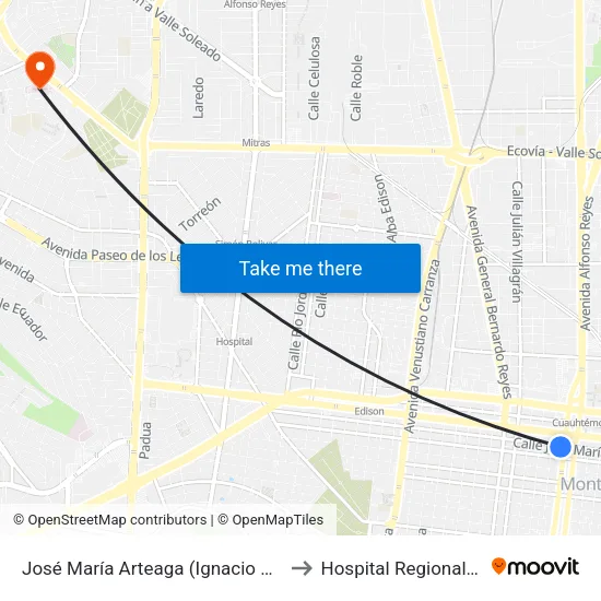 José María Arteaga (Ignacio López Rayón - Pino Suárez) to Hospital Regional Monterrey Issste map