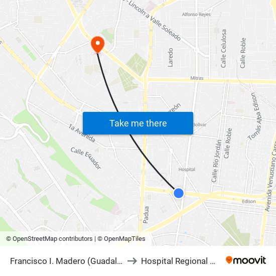 Francisco I. Madero (Guadalajara - Simón Bolívar) to Hospital Regional Monterrey Issste map