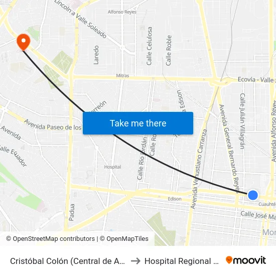 Cristóbal Colón (Central de Autobuses de Monterrey) to Hospital Regional Monterrey Issste map