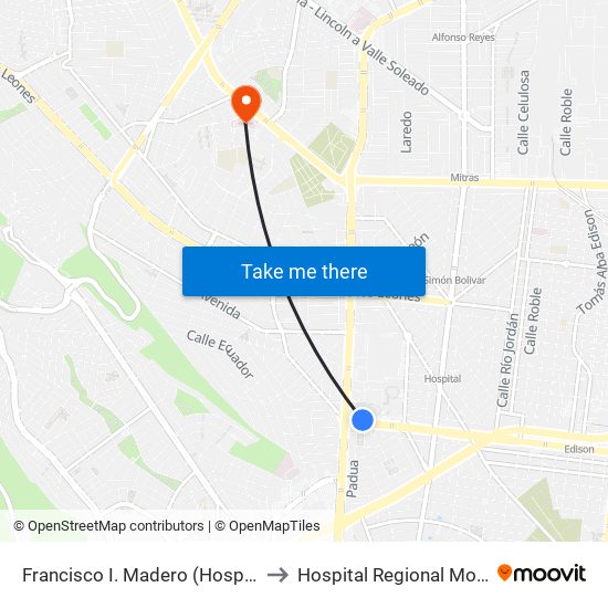 Francisco I. Madero (Hospital Universitario) to Hospital Regional Monterrey Issste map