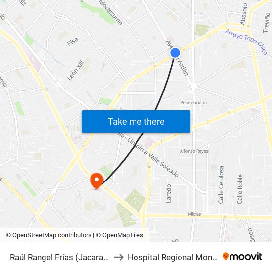 Raúl Rangel Frías (Jacarandas - Aztlán) to Hospital Regional Monterrey Issste map