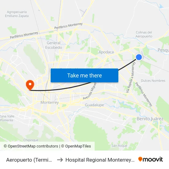 Aeropuerto (Terminal A) to Hospital Regional Monterrey Issste map