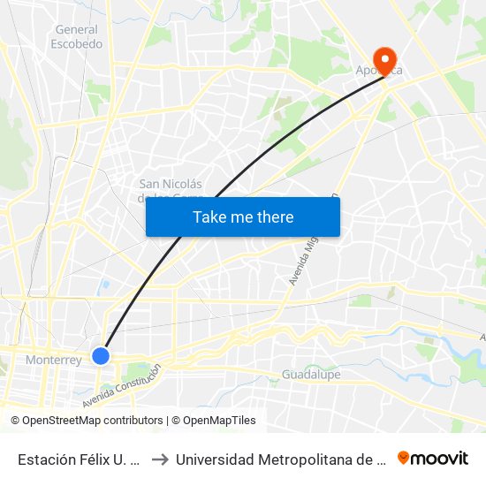 Estación Félix U. Gómez to Universidad Metropolitana de Monterrey map