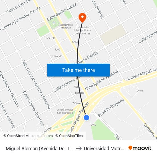 Miguel Alemán (Avenida Del Teléfono - Antiguo Camino A Huinalá) to Universidad Metropolitana de Monterrey map