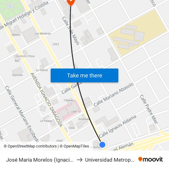 José María Morelos (Ignacio Aldama - Miguel Alemán) to Universidad Metropolitana de Monterrey map