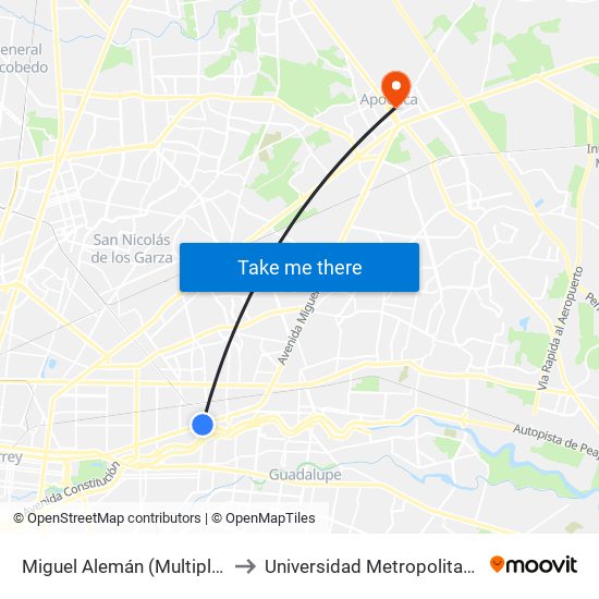 Miguel Alemán (Multiplaza Lindavista) to Universidad Metropolitana de Monterrey map