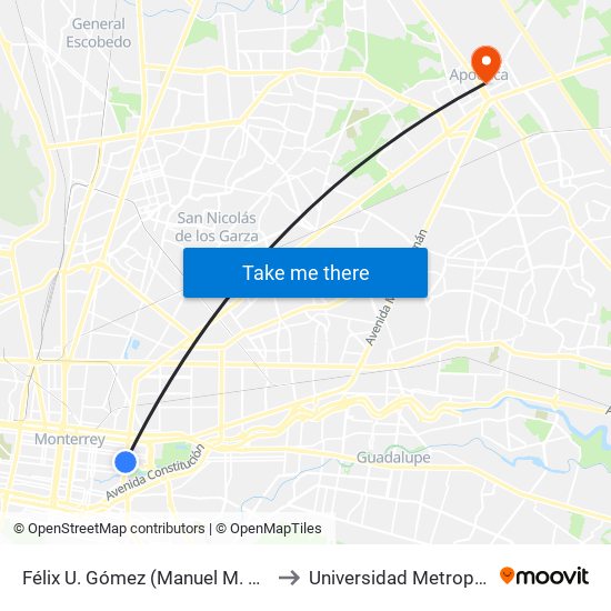 Félix U. Gómez (Manuel M. Del Llano - Albino Espinosa) to Universidad Metropolitana de Monterrey map