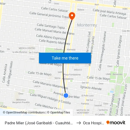 Padre Mier (José Garibaldi - Cuauhtémoc) to Oca Hospital map