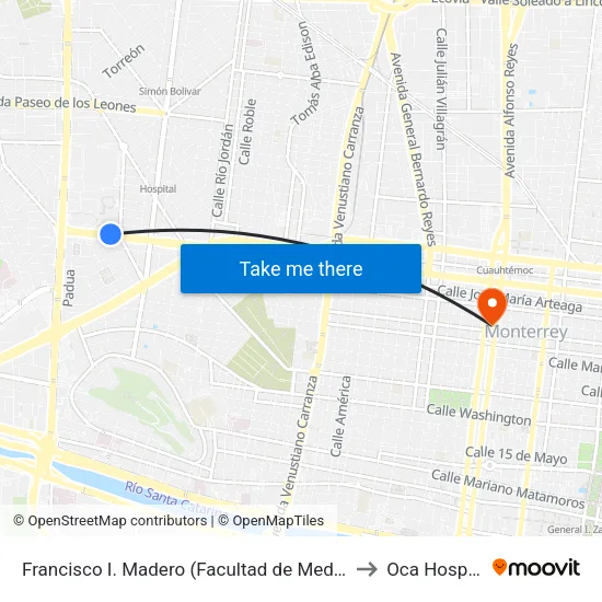 Francisco I. Madero (Facultad de Medicina) to Oca Hospital map