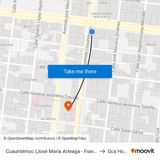 Cuauhtémoc (José María Arteaga - Francisco I. Madero) to Oca Hospital map