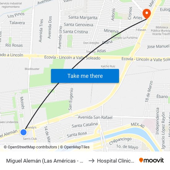 Miguel Alemán (Las Américas - Bonifacio Salinas Leal) to Hospital Clínica San Benito map