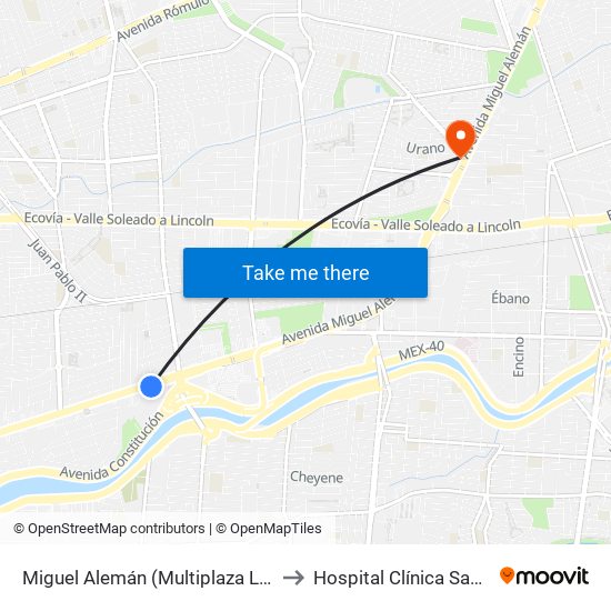 Miguel Alemán (Multiplaza Lindavista) to Hospital Clínica San Benito map